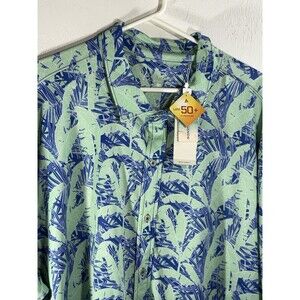 Bermuda Sands NWT Green, Blue Palms 2XL UPF 50+ Wick Away Mens Button Up Shirt